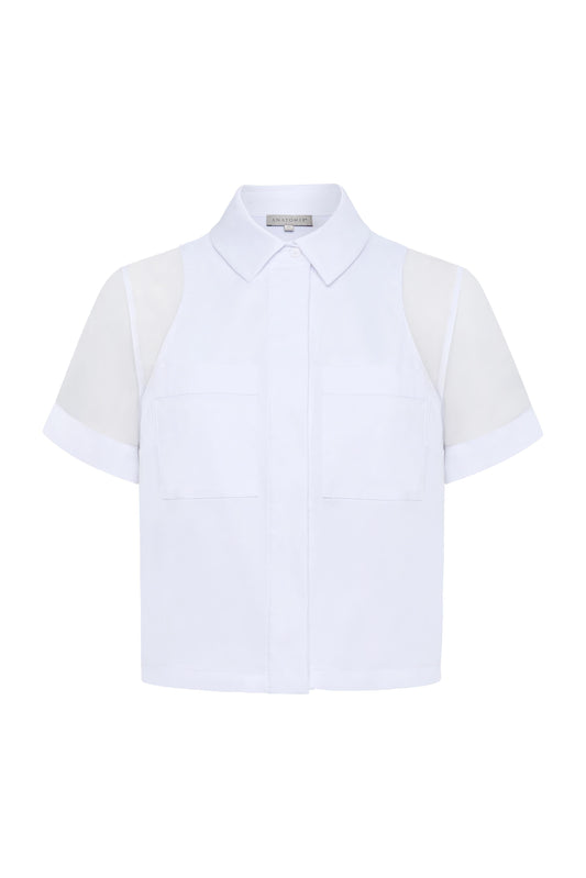 Jade Stretch Poplin & Organza Collared Button Down