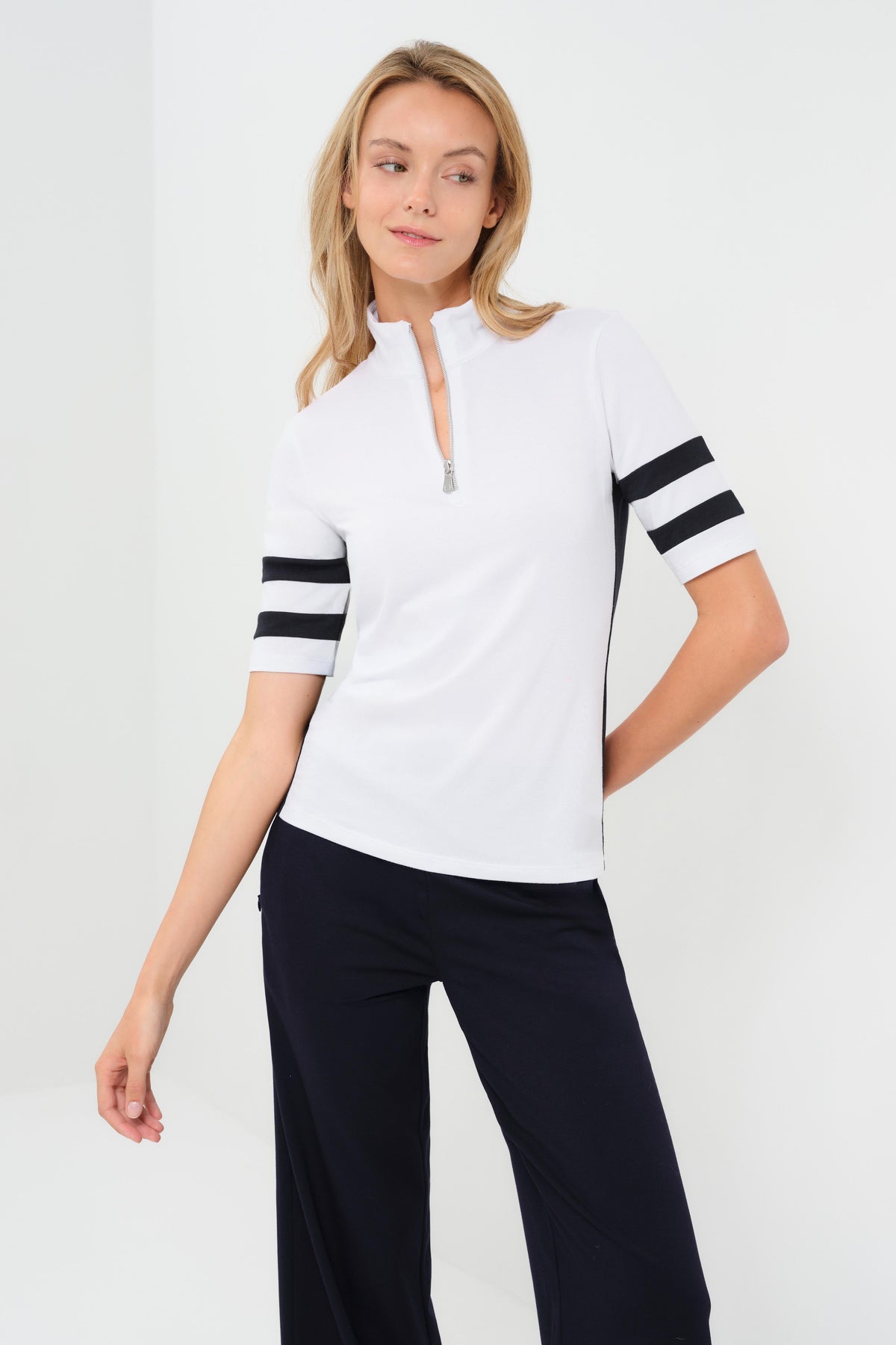 Serena Sport Striped Zip-Up Short Sleeve Top
